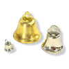 Three small bell-shaped metal charms with hanging loops, shown in gold and silver finishes on a white background.