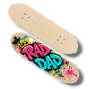 A skateboard deck shown from two angles: the natural wood-grain underside at the top and the decorated top at the bottom. The top features a colorful graffiti-style graphic with the words 'RAD DAD' in pink and teal, surrounded by yellow, black, and paint splatters, all on a light beige wood base.