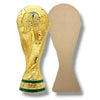 A blank World Cup trophy shaped MDF cut out next to an image of the World Cup for size comparison