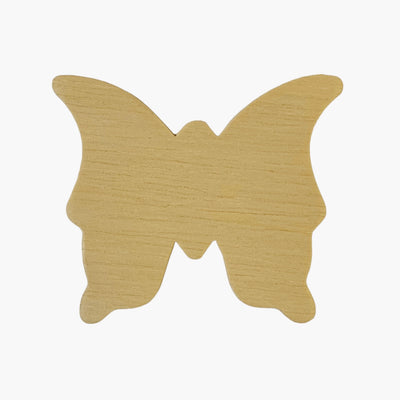 A plywood butterfly shape on a white background