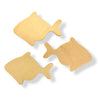 3 natural coloured plywood fish shapes on a white background