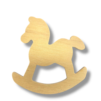 A blank plywood rocking horse shape on a white background