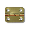 A small brass-colored metal hinge with four pre-drilled holes, shown on a plain white background.