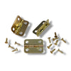 Three brass-colored metal cabinet hinges with matching screws, arranged on a plain white background.