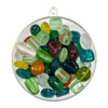 Round plastic ornament with multicolored beads on a white background