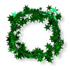 A wired star garland made up of green colored star-shaped elements coiled into a circle on a white background.