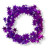 A wired star garland made up of purple colored star-shaped elements coiled into a circle on a white background.