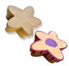 Two star-shaped paper mache boxes on a plain white background, one plain natural Kraft colour and one decorated as a flower with a purple center and red striped sides.