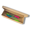 A kraft paper pencil case with its lid open, containing several colorful pens, shown on a white background.