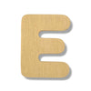 A single wooden letter 'E' cutout with a light natural wood grain finish, shown on a clean white background with a soft drop shadow.
