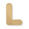 A wooden letter L cutout with a natural light wood grain finish, shown on a clean white background with a soft drop shadow.