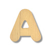 A single wooden uppercase letter A with a natural light wood finish and visible grain, shown on a plain white background with a soft drop shadow.