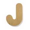 A single wooden letter 'J' cutout with a natural light oak finish, shown on a clean white background with a soft drop shadow.