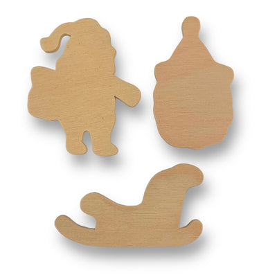 Plywood Christmas shapes measuring approximately 7cm on average. Sold in packs of 12 and available in Standing Santa, Santa's Face and a Sleigh option.