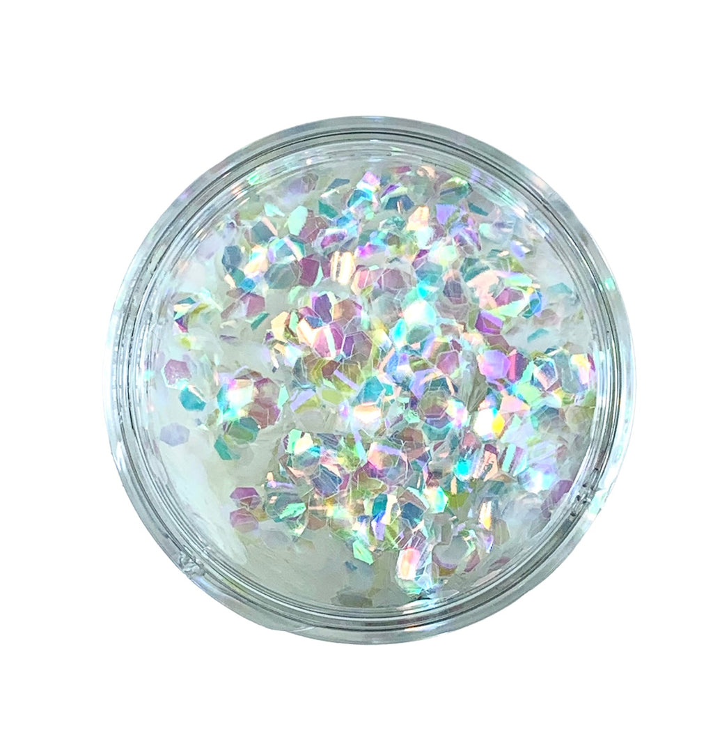 Craftworkz Hexagonal Glitter is our chunkiest glitter with a 3mm flake size. Super sparkly, high quality, PET glitter. Shimmering, iridescent, mother of pearl like flakes in a 100g bag.