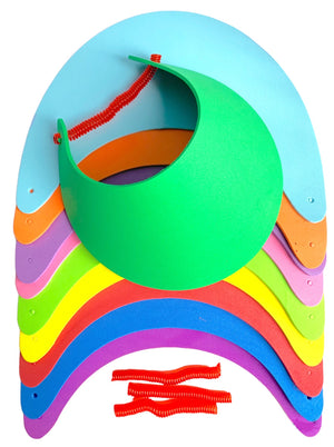 A collection of flat-packed multicolored EVA foam visors laid out in a stack with holes for adjustable straps.
