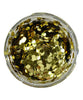A clear container filled with gold hexagonal chunky glitter.