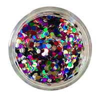 A clear container filled with multicolored hexagonal chunky glitter.