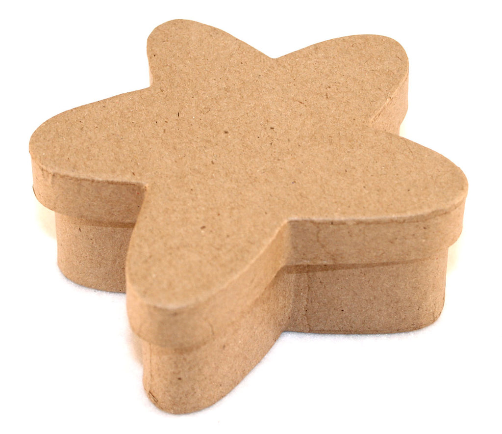A kraft paper, star-shaped with rounded points, papier mache box with a matte finish.