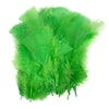 A collection of bright green craft feathers, varying in size, intended for use in projects such as dreamcatchers or Easter crafts.