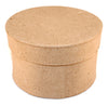 A round paper mache box in a natural brown color.