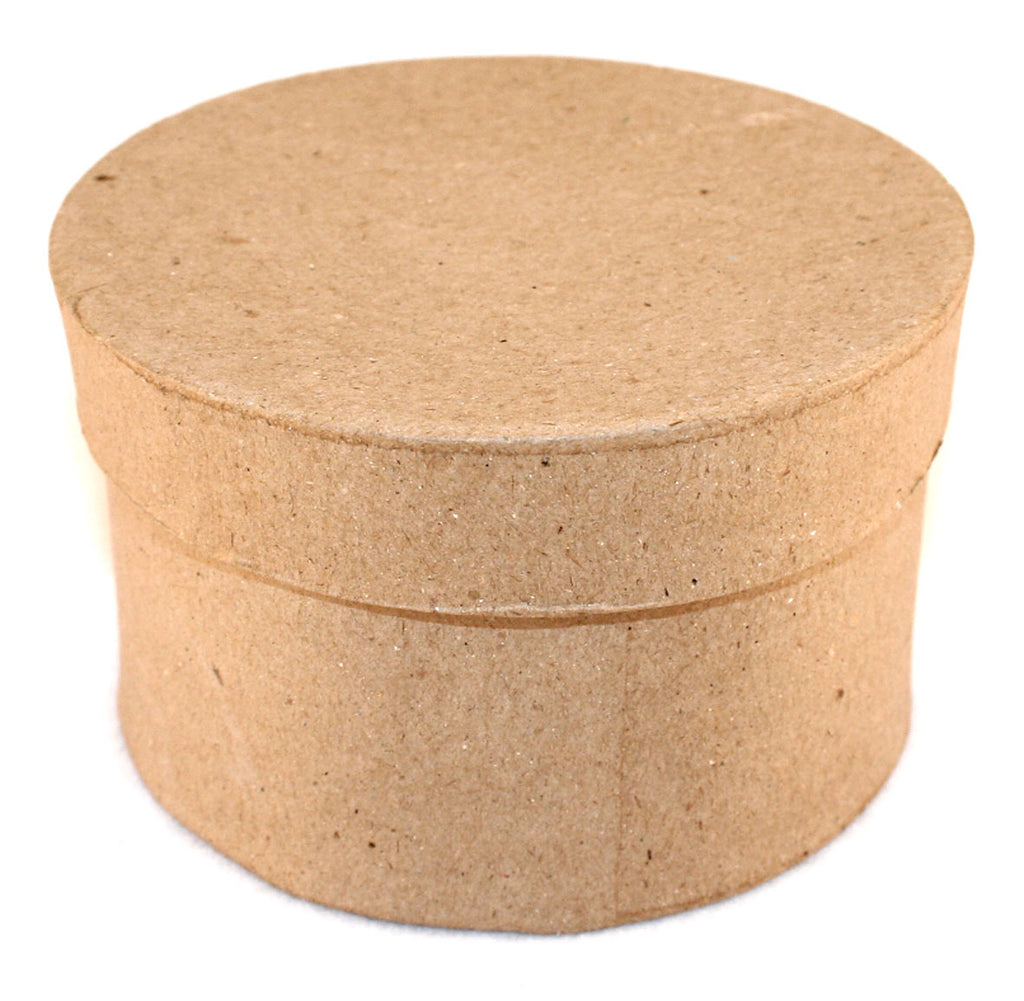 A round paper mache box in a natural brown color.